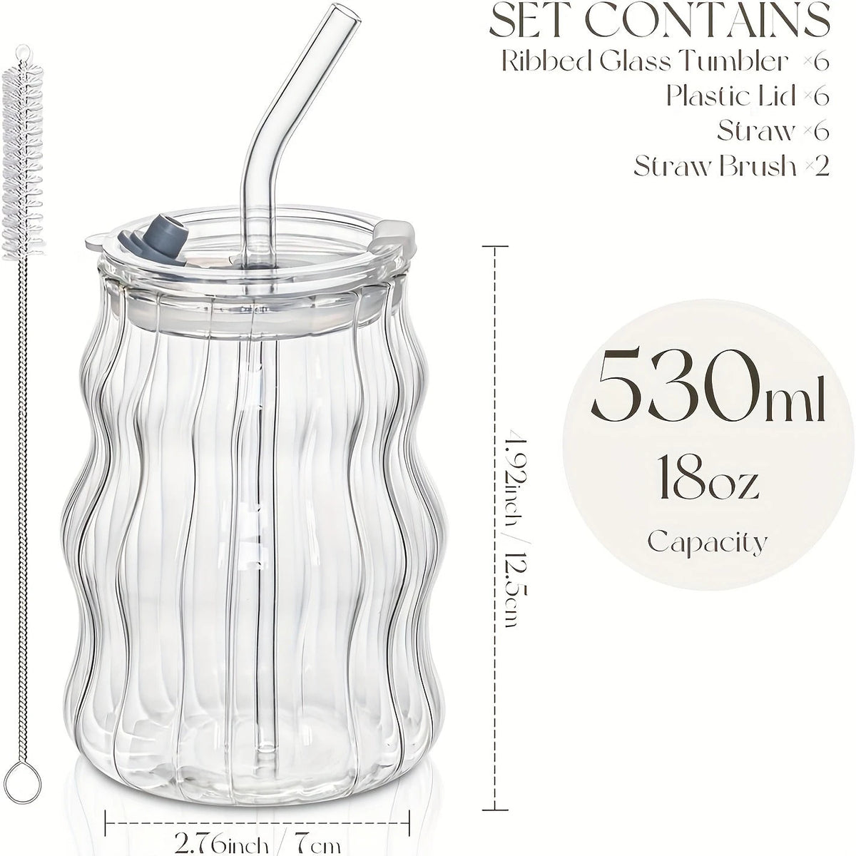 4PCS Coffee Mug With Lid And Straw, 18OZ Glass Cup, Bubble Glass Aesthetics For Iced Coffee, Transparent Ribbed Design, Idealware Set, Straw Cleaning Tool Included