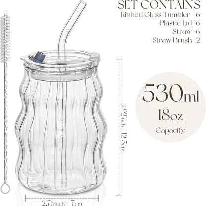 4PCS Coffee Mug With Lid And Straw, 18OZ Glass Cup, Bubble Glass Aesthetics For Iced Coffee, Transparent Ribbed Design, Idealware Set, Straw Cleaning Tool Included