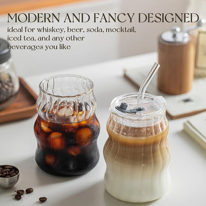 4PCS Coffee Mug With Lid And Straw, 18OZ Glass Cup, Bubble Glass Aesthetics For Iced Coffee, Transparent Ribbed Design, Idealware Set, Straw Cleaning Tool Included