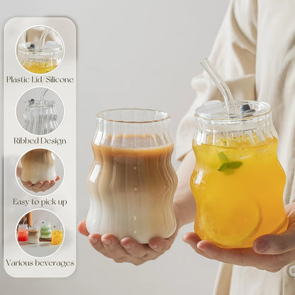 4PCS Coffee Mug With Lid And Straw, 18OZ Glass Cup, Bubble Glass Aesthetics For Iced Coffee, Transparent Ribbed Design, Idealware Set, Straw Cleaning Tool Included