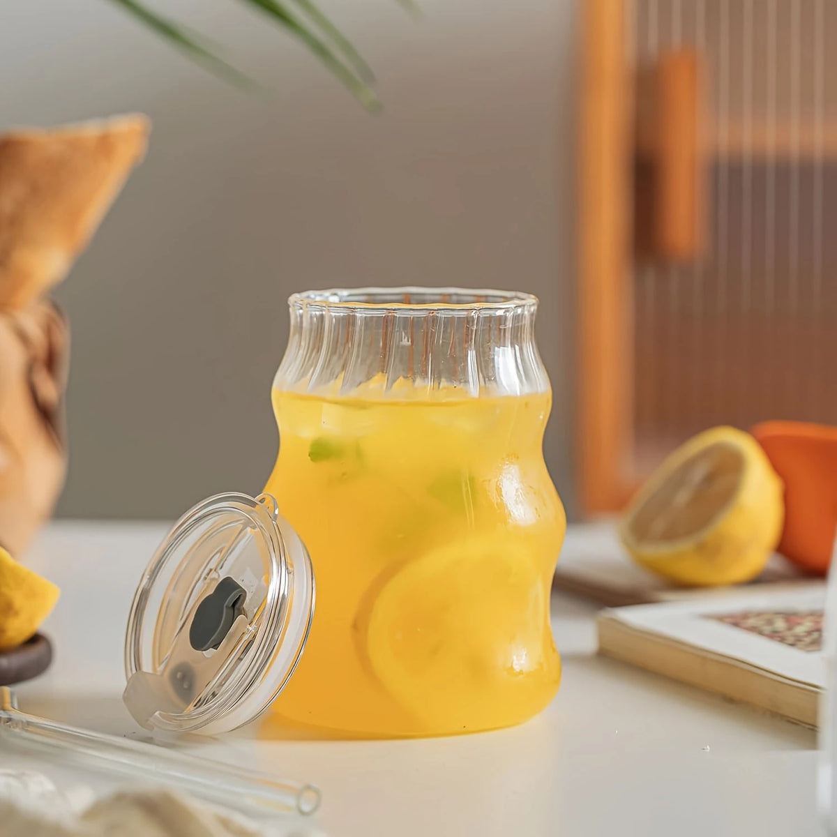 4PCS Coffee Mug With Lid And Straw, 18OZ Glass Cup, Bubble Glass Aesthetics For Iced Coffee, Transparent Ribbed Design, Idealware Set, Straw Cleaning Tool Included
