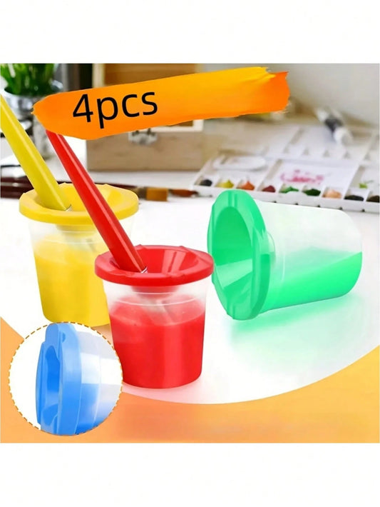 4pcs Covered Paint Brush Holder, Paint Tool Wash Bucket, Leak-Proof Mixing Cup, Watercolor Brush Cleaning Cup, Nail Art Brush Wash Cup, Small Painting Plastic Makeup Color Cleaning Cup Set, Detachable