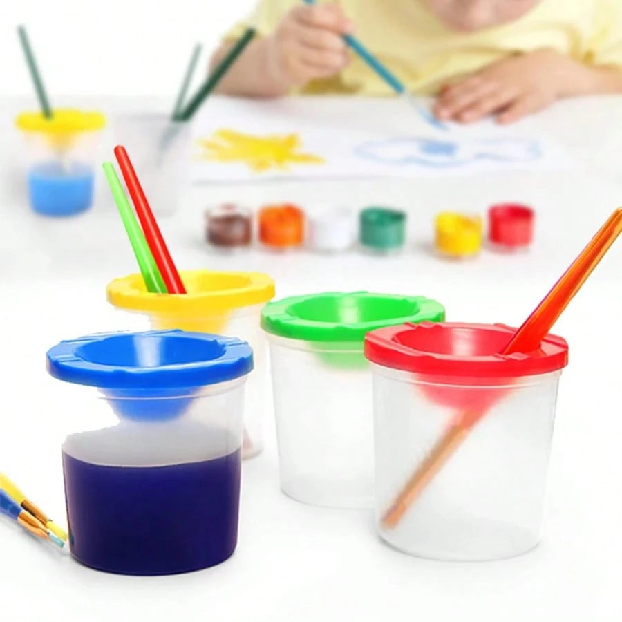4pcs Covered Paint Brush Holder, Paint Tool Wash Bucket, Leak-Proof Mixing Cup, Watercolor Brush Cleaning Cup, Nail Art Brush Wash Cup, Small Painting Plastic Makeup Color Cleaning Cup Set, Detachable