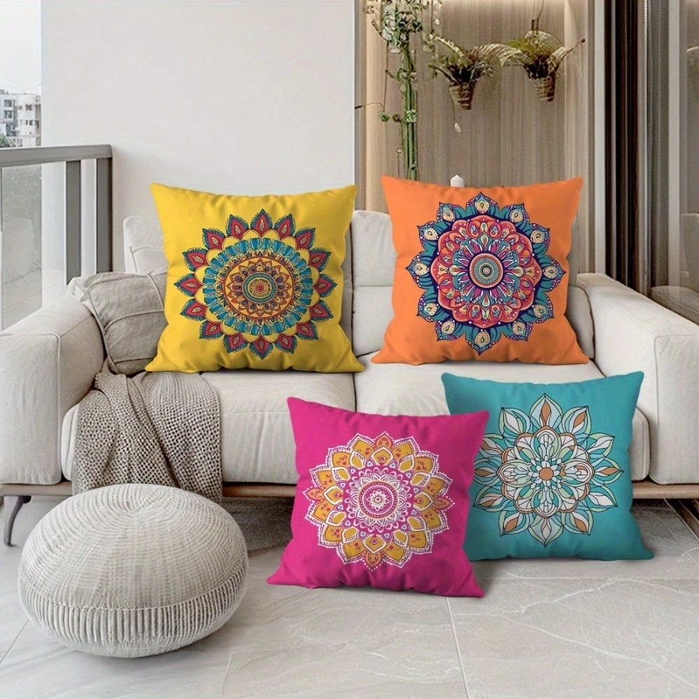 4Pcs Mandala Blue, Coral Pink, Mustard Yellow & Navy Orange Throw Pillow Covers- 17.7*17.7 Inches, Single-Sided Print, Suitable For Living Room, Patio Porch, Office, Car, Machine Washable With Zipper