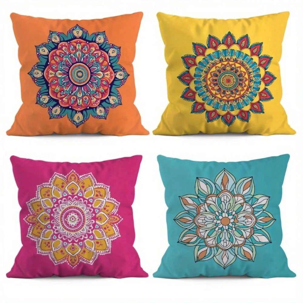 4Pcs Mandala Blue, Coral Pink, Mustard Yellow & Navy Orange Throw Pillow Covers- 17.7*17.7 Inches, Single-Sided Print, Suitable For Living Room, Patio Porch, Office, Car, Machine Washable With Zipper