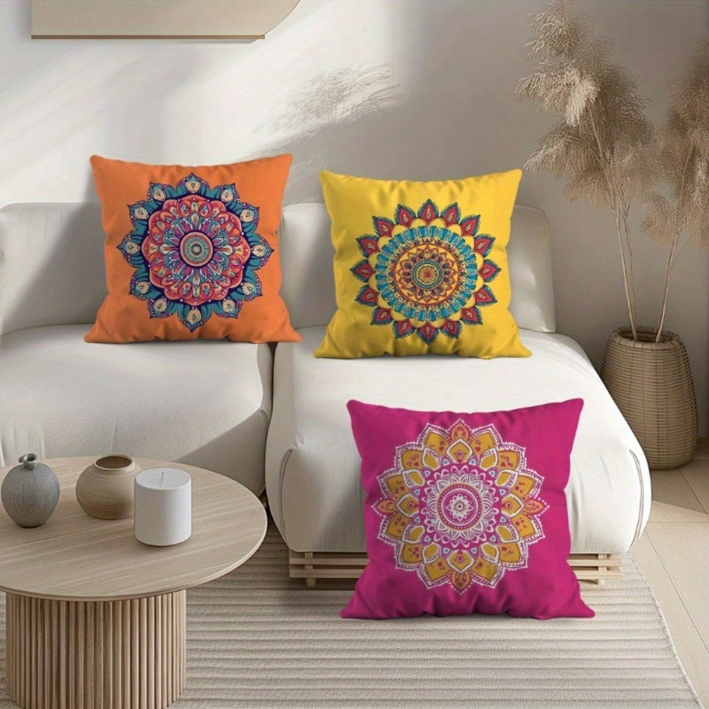 4Pcs Mandala Blue, Coral Pink, Mustard Yellow & Navy Orange Throw Pillow Covers- 17.7*17.7 Inches, Single-Sided Print, Suitable For Living Room, Patio Porch, Office, Car, Machine Washable With Zipper