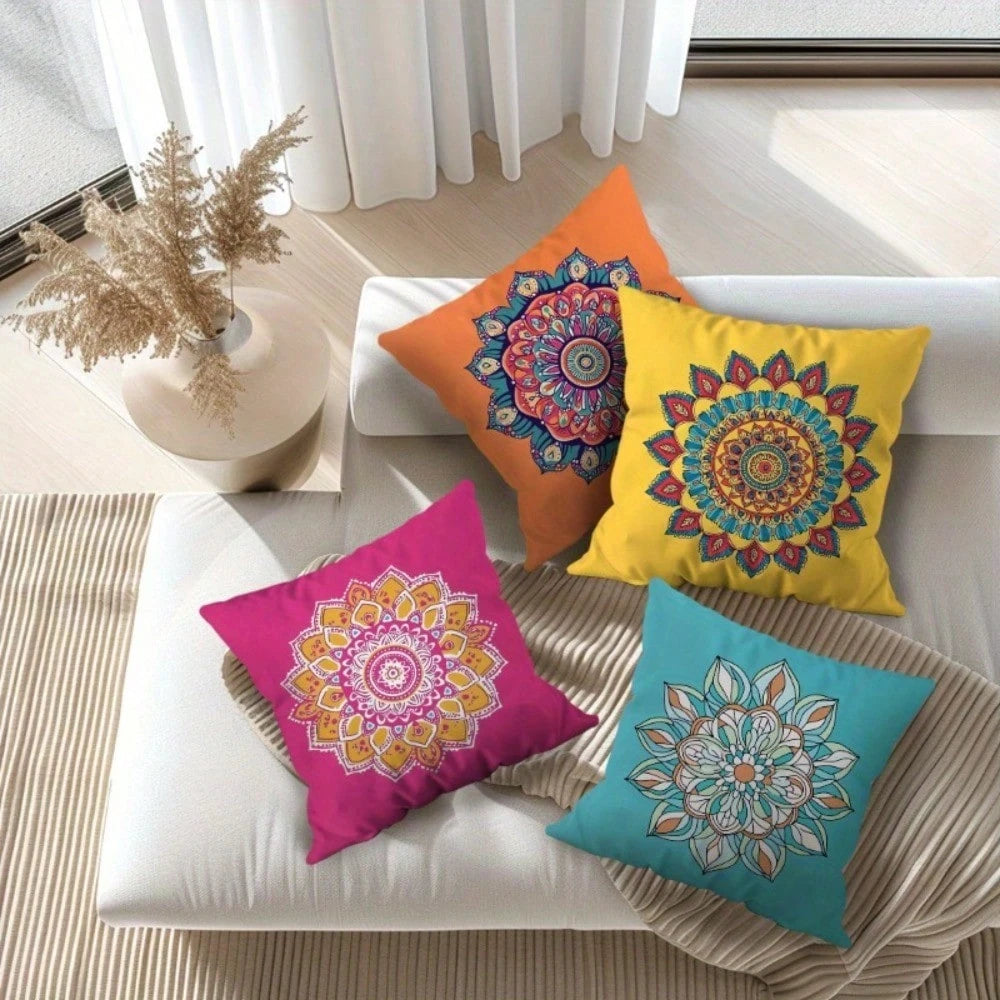 4Pcs Mandala Blue, Coral Pink, Mustard Yellow & Navy Orange Throw Pillow Covers- 17.7*17.7 Inches, Single-Sided Print, Suitable For Living Room, Patio Porch, Office, Car, Machine Washable With Zipper