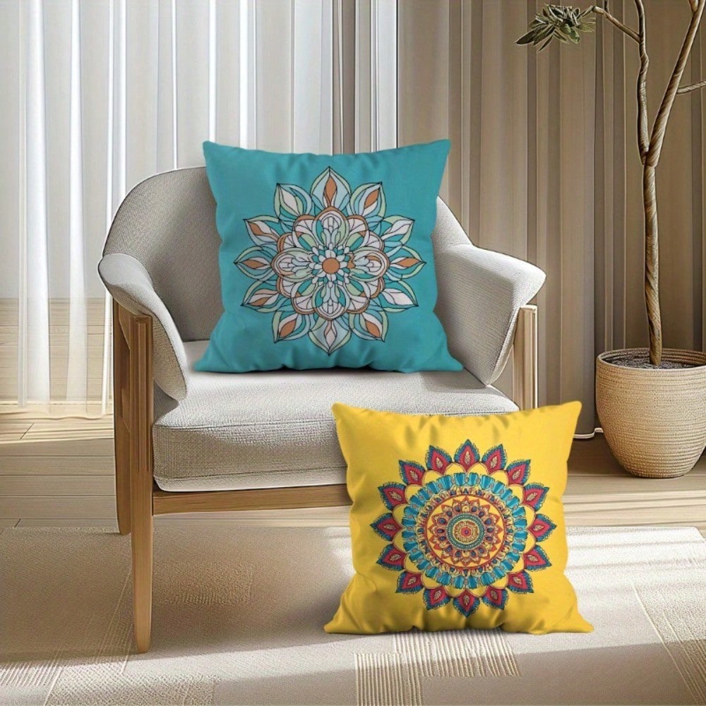 4Pcs Mandala Blue, Coral Pink, Mustard Yellow & Navy Orange Throw Pillow Covers- 17.7*17.7 Inches, Single-Sided Print, Suitable For Living Room, Patio Porch, Office, Car, Machine Washable With Zipper