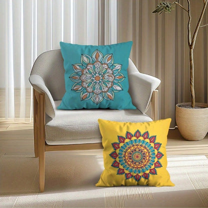 4Pcs Mandala Blue, Coral Pink, Mustard Yellow & Navy Orange Throw Pillow Covers- 17.7*17.7 Inches, Single-Sided Print, Suitable For Living Room, Patio Porch, Office, Car, Machine Washable With Zipper