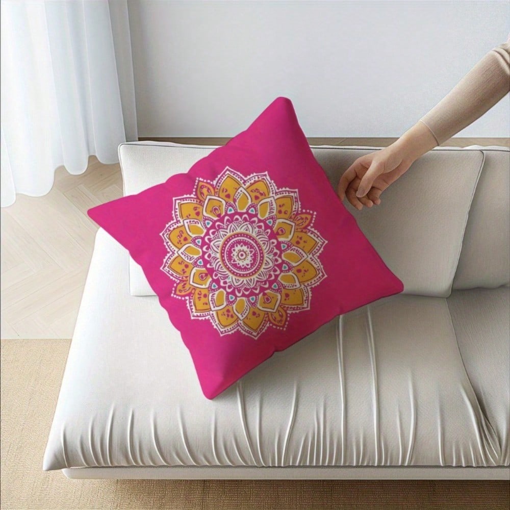 4Pcs Mandala Blue, Coral Pink, Mustard Yellow & Navy Orange Throw Pillow Covers- 17.7*17.7 Inches, Single-Sided Print, Suitable For Living Room, Patio Porch, Office, Car, Machine Washable With Zipper