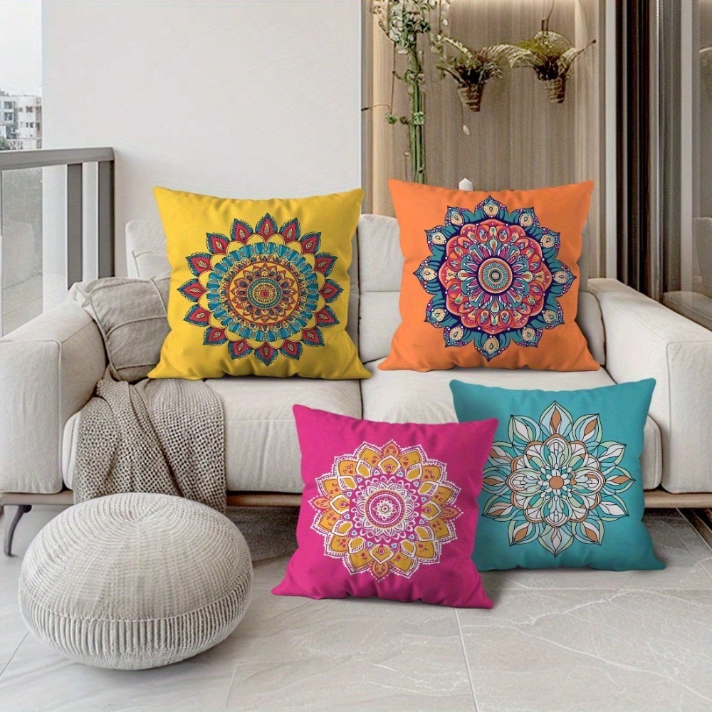 4Pcs Mandala Blue, Coral Pink, Mustard Yellow & Navy Orange Throw Pillow Covers- 17.7*17.7 Inches, Single-Sided Print, Suitable For Living Room, Patio Porch, Office, Car, Machine Washable With Zipper