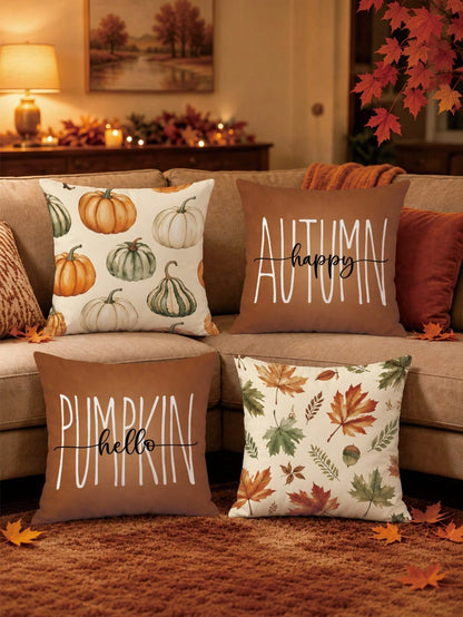 4pcs Minimalist Autumn Full Print Pumpkin Maple Leaf Acorn Pattern Cushion Covers [No Pillow Insert], 40*40cm/45*45cm/50*50cm, [Single-Sided Printing] Made Of Polyester Material Happy Autumn Hello Pum