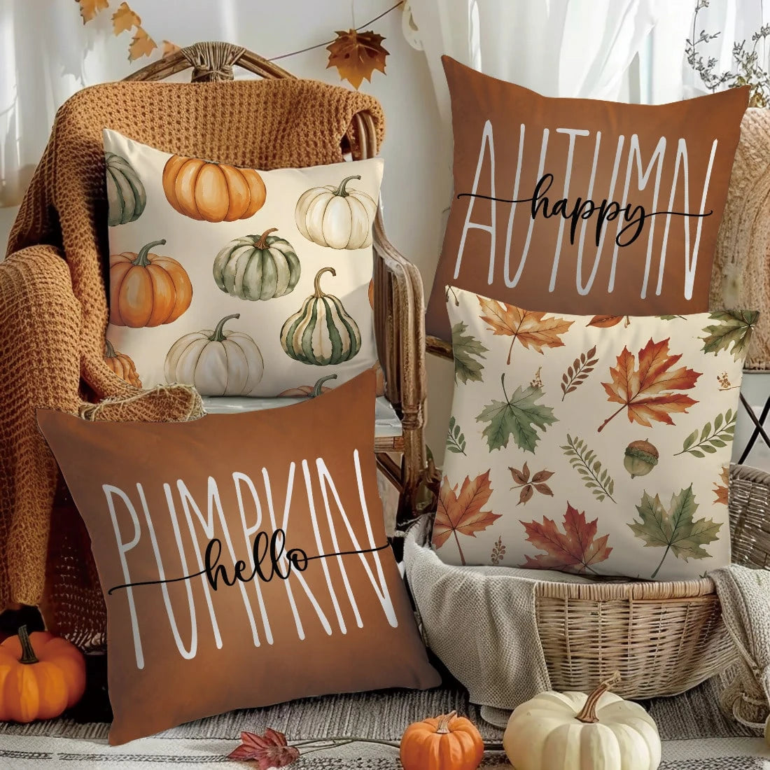 4pcs Minimalist Autumn Full Print Pumpkin Maple Leaf Acorn Pattern Cushion Covers [No Pillow Insert], 40*40cm/45*45cm/50*50cm, [Single-Sided Printing] Made Of Polyester Material Happy Autumn Hello Pum