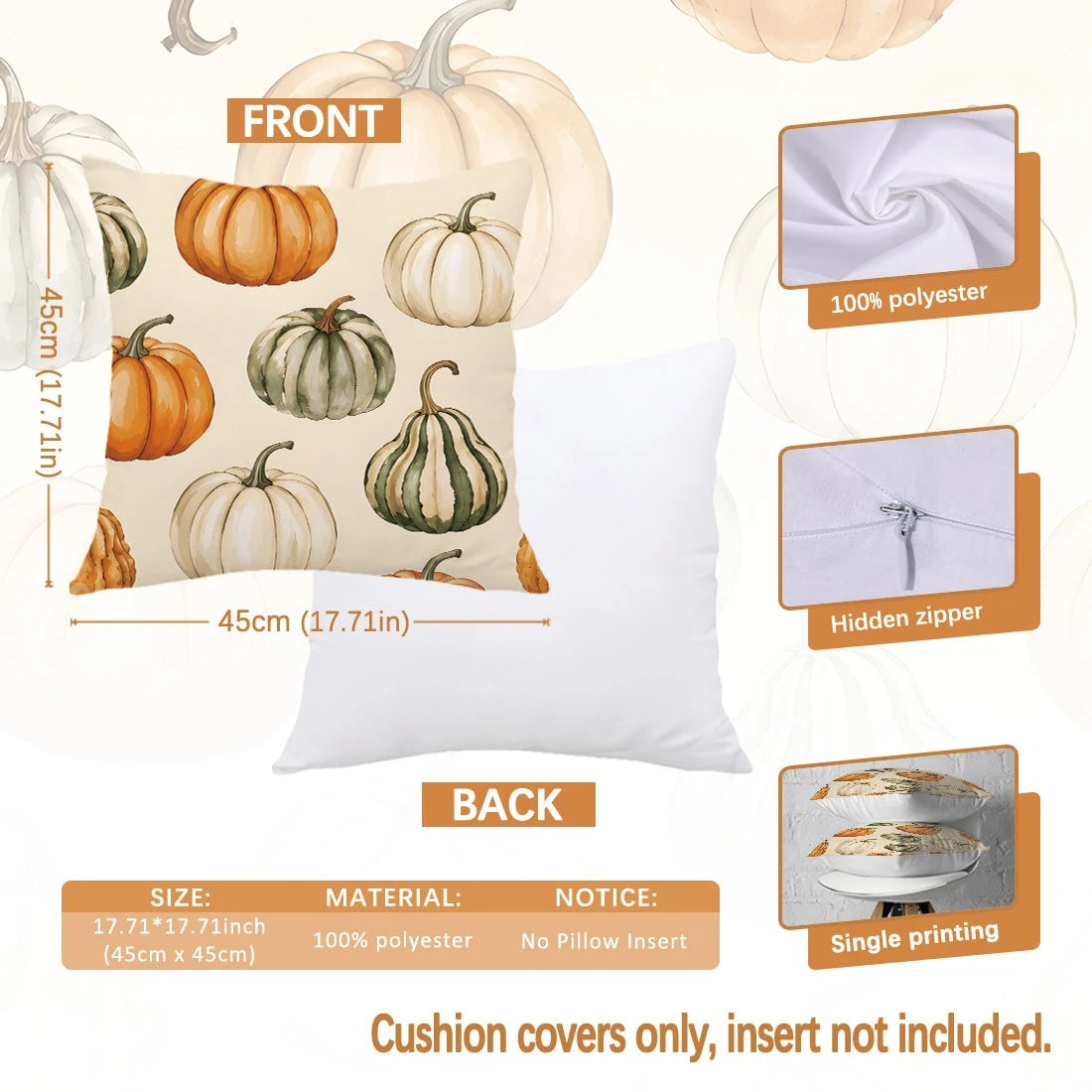4pcs Minimalist Autumn Full Print Pumpkin Maple Leaf Acorn Pattern Cushion Covers [No Pillow Insert], 40*40cm/45*45cm/50*50cm, [Single-Sided Printing] Made Of Polyester Material Happy Autumn Hello Pum