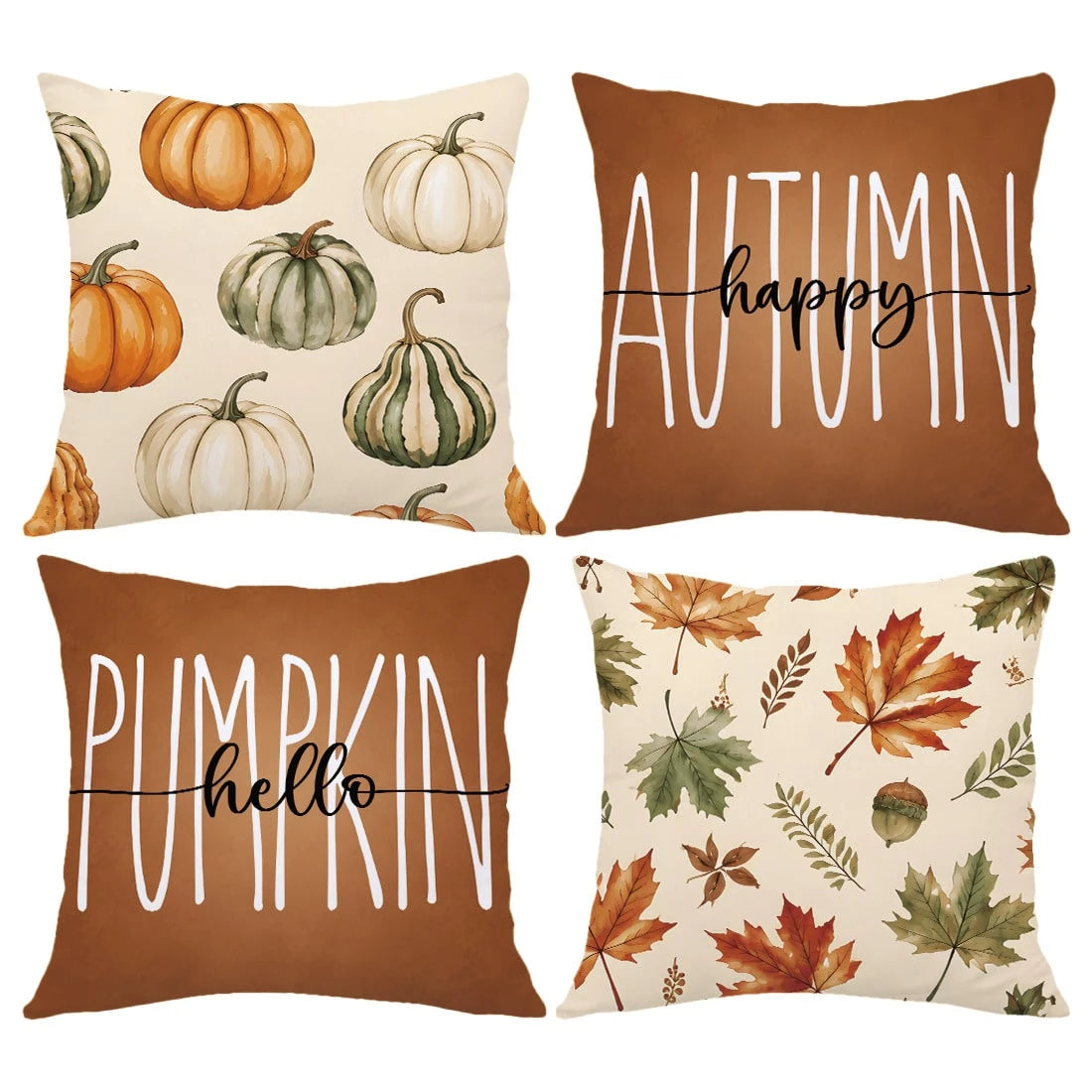 4pcs Minimalist Autumn Full Print Pumpkin Maple Leaf Acorn Pattern Cushion Covers [No Pillow Insert], 40*40cm/45*45cm/50*50cm, [Single-Sided Printing] Made Of Polyester Material Happy Autumn Hello Pum