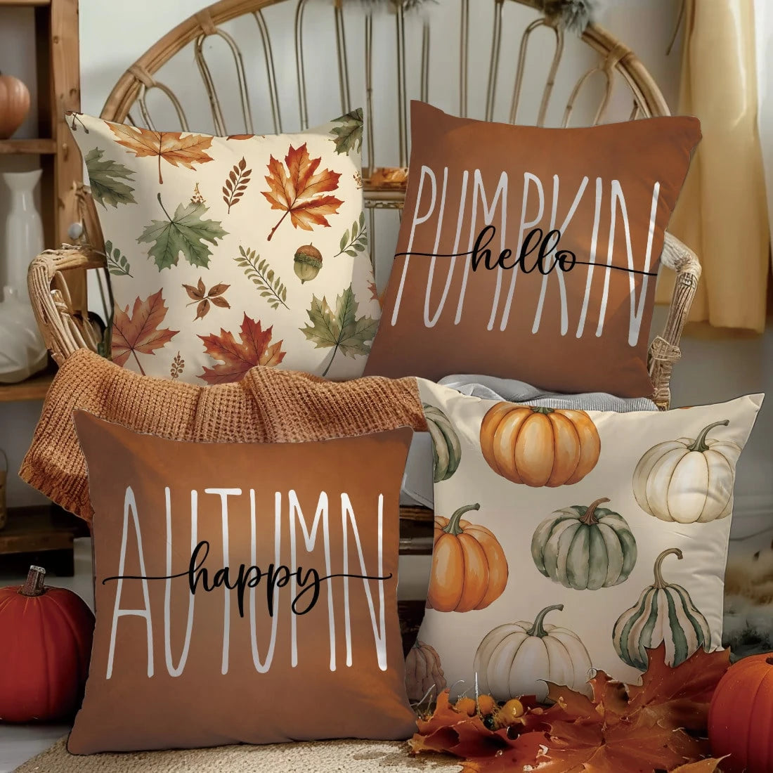 4pcs Minimalist Autumn Full Print Pumpkin Maple Leaf Acorn Pattern Cushion Covers [No Pillow Insert], 40*40cm/45*45cm/50*50cm, [Single-Sided Printing] Made Of Polyester Material Happy Autumn Hello Pum