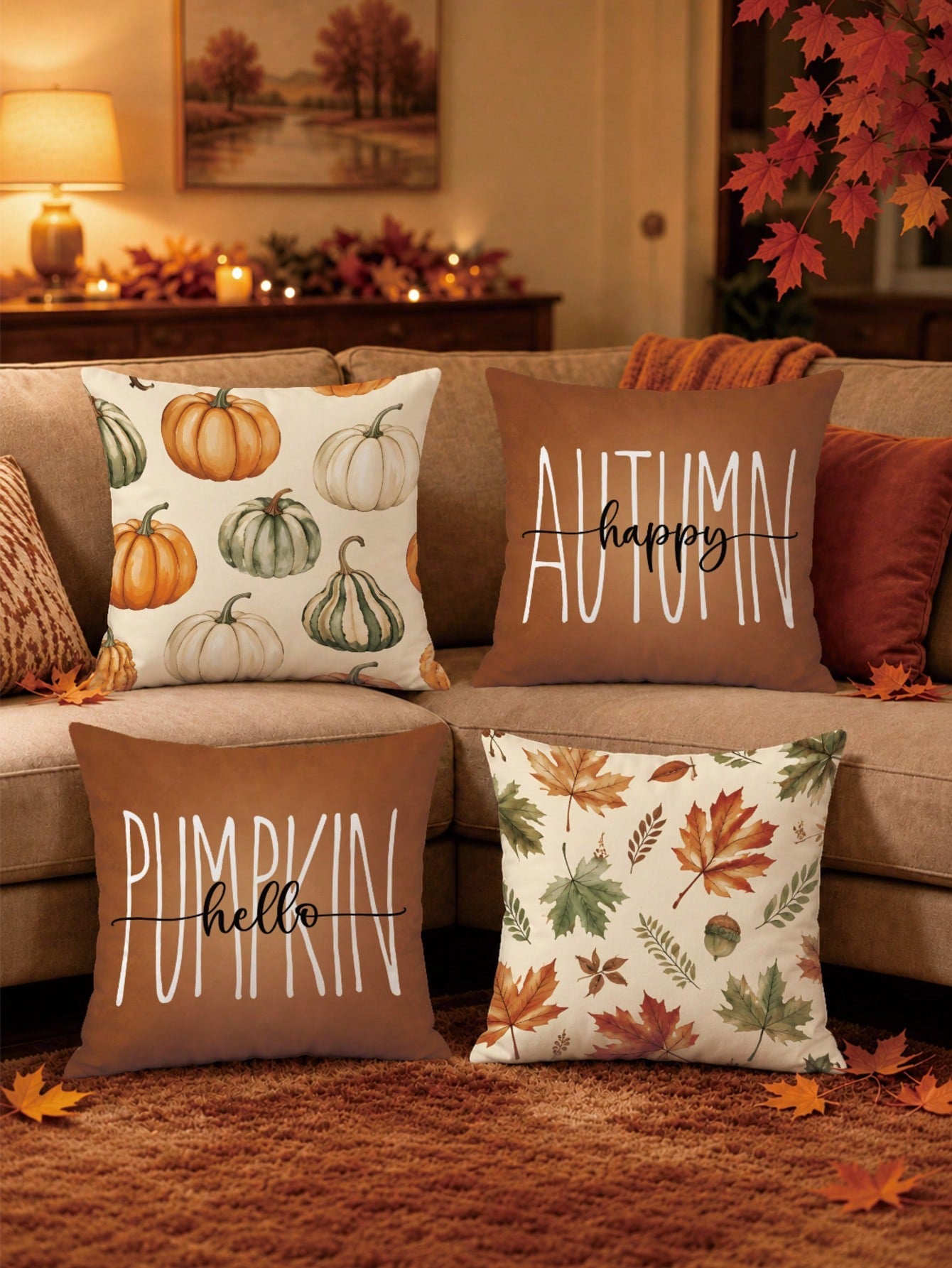4pcs Minimalist Autumn Full Print Pumpkin Maple Leaf Acorn Pattern Cushion Covers [No Pillow Insert], 40*40cm/45*45cm/50*50cm, [Single-Sided Printing] Made Of Polyester Material Happy Autumn Hello Pum