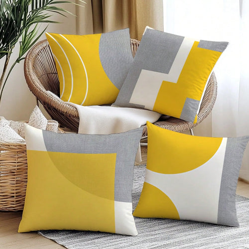 4pcs Minimalist Daily Yellow & Gray Fabric Geometric Pattern Pillow Covers, Single-Sided Soft Peach Velvet Material, 45*45/50*50/40*40CM Cushion Covers For Room Decor, Indoor Sofa Living Room Decor, P