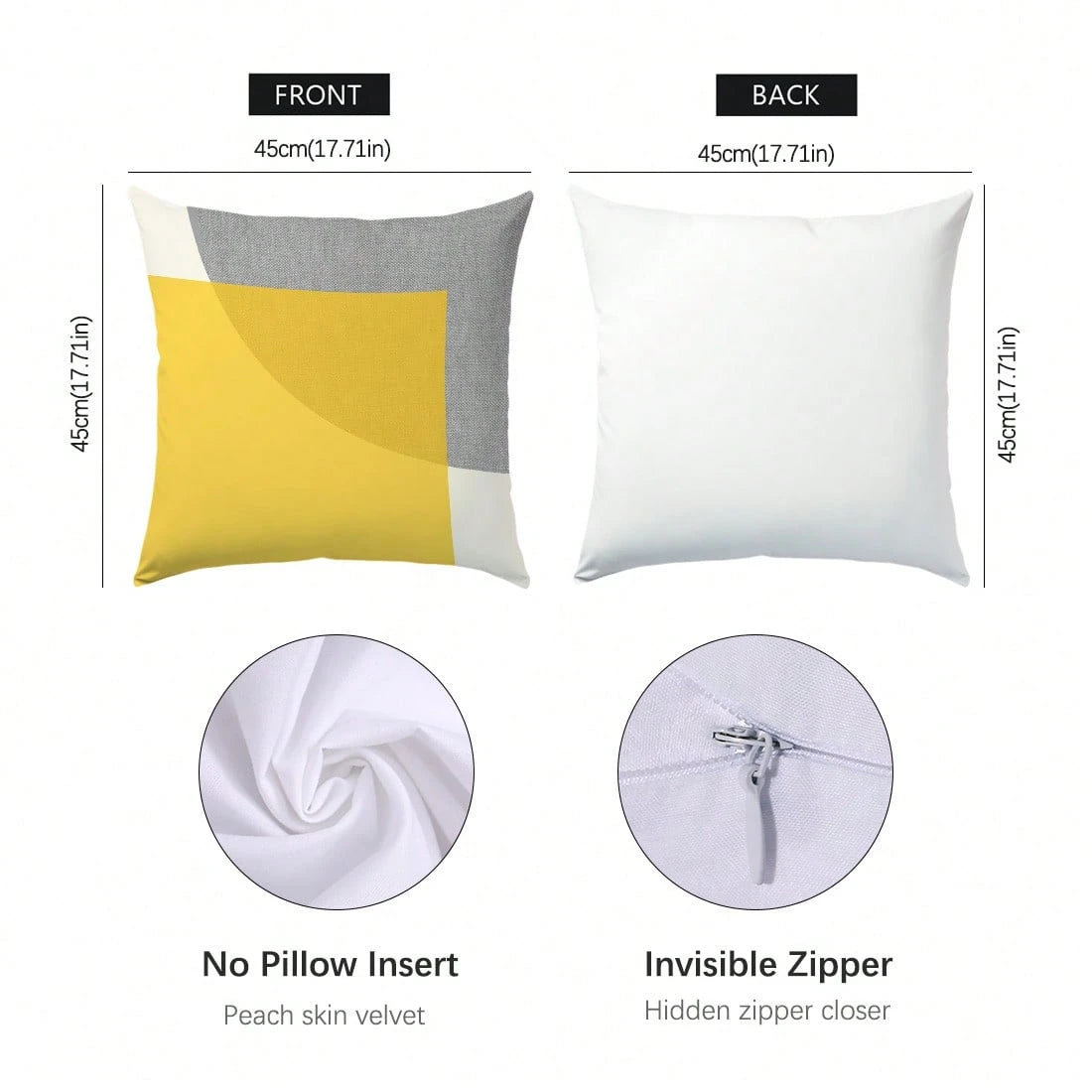 4pcs Minimalist Daily Yellow & Gray Fabric Geometric Pattern Pillow Covers, Single-Sided Soft Peach Velvet Material, 45*45/50*50/40*40CM Cushion Covers For Room Decor, Indoor Sofa Living Room Decor, P