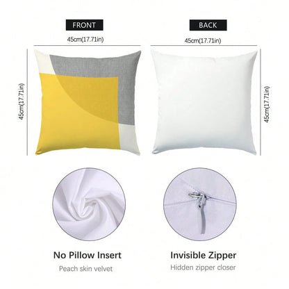 4pcs Minimalist Daily Yellow & Gray Fabric Geometric Pattern Pillow Covers, Single-Sided Soft Peach Velvet Material, 45*45/50*50/40*40CM Cushion Covers For Room Decor, Indoor Sofa Living Room Decor, P
