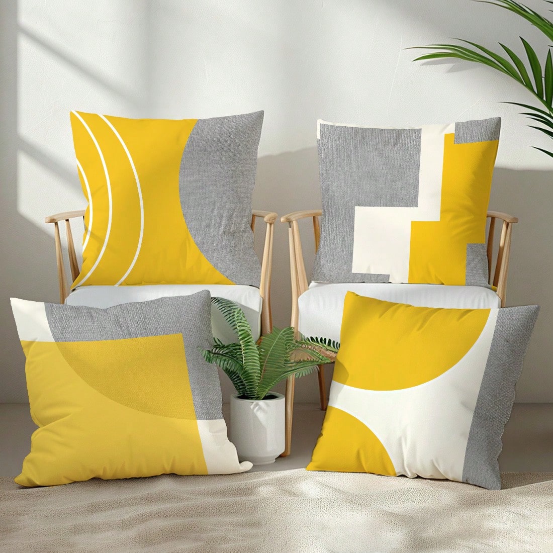 4pcs Minimalist Daily Yellow & Gray Fabric Geometric Pattern Pillow Covers, Single-Sided Soft Peach Velvet Material, 45*45/50*50/40*40CM Cushion Covers For Room Decor, Indoor Sofa Living Room Decor, P
