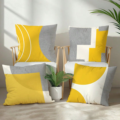 4pcs Minimalist Daily Yellow & Gray Fabric Geometric Pattern Pillow Covers, Single-Sided Soft Peach Velvet Material, 45*45/50*50/40*40CM Cushion Covers For Room Decor, Indoor Sofa Living Room Decor, P