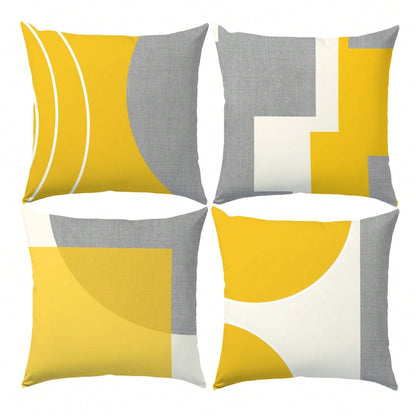 4pcs Minimalist Daily Yellow & Gray Fabric Geometric Pattern Pillow Covers, Single-Sided Soft Peach Velvet Material, 45*45/50*50/40*40CM Cushion Covers For Room Decor, Indoor Sofa Living Room Decor, P