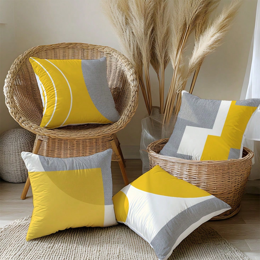 4pcs Minimalist Daily Yellow & Gray Fabric Geometric Pattern Pillow Covers, Single-Sided Soft Peach Velvet Material, 45*45/50*50/40*40CM Cushion Covers For Room Decor, Indoor Sofa Living Room Decor, P