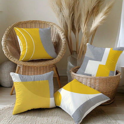 4pcs Minimalist Daily Yellow & Gray Fabric Geometric Pattern Pillow Covers, Single-Sided Soft Peach Velvet Material, 45*45/50*50/40*40CM Cushion Covers For Room Decor, Indoor Sofa Living Room Decor, P