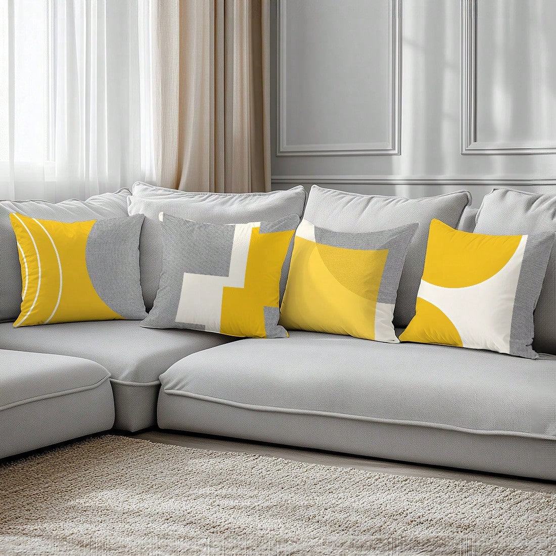 4pcs Minimalist Daily Yellow & Gray Fabric Geometric Pattern Pillow Covers, Single-Sided Soft Peach Velvet Material, 45*45/50*50/40*40CM Cushion Covers For Room Decor, Indoor Sofa Living Room Decor, P