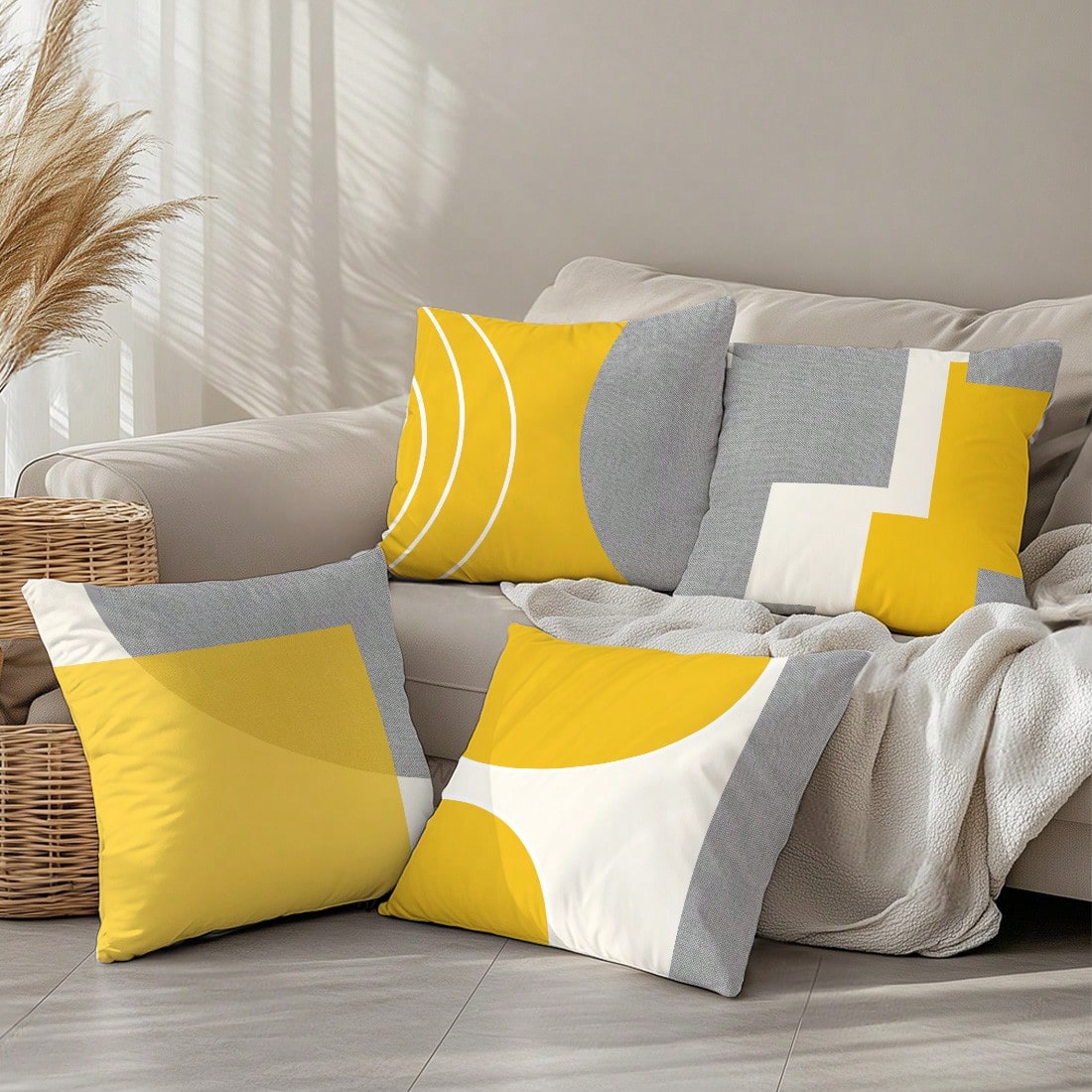4pcs Minimalist Daily Yellow & Gray Fabric Geometric Pattern Pillow Covers, Single-Sided Soft Peach Velvet Material, 45*45/50*50/40*40CM Cushion Covers For Room Decor, Indoor Sofa Living Room Decor, P