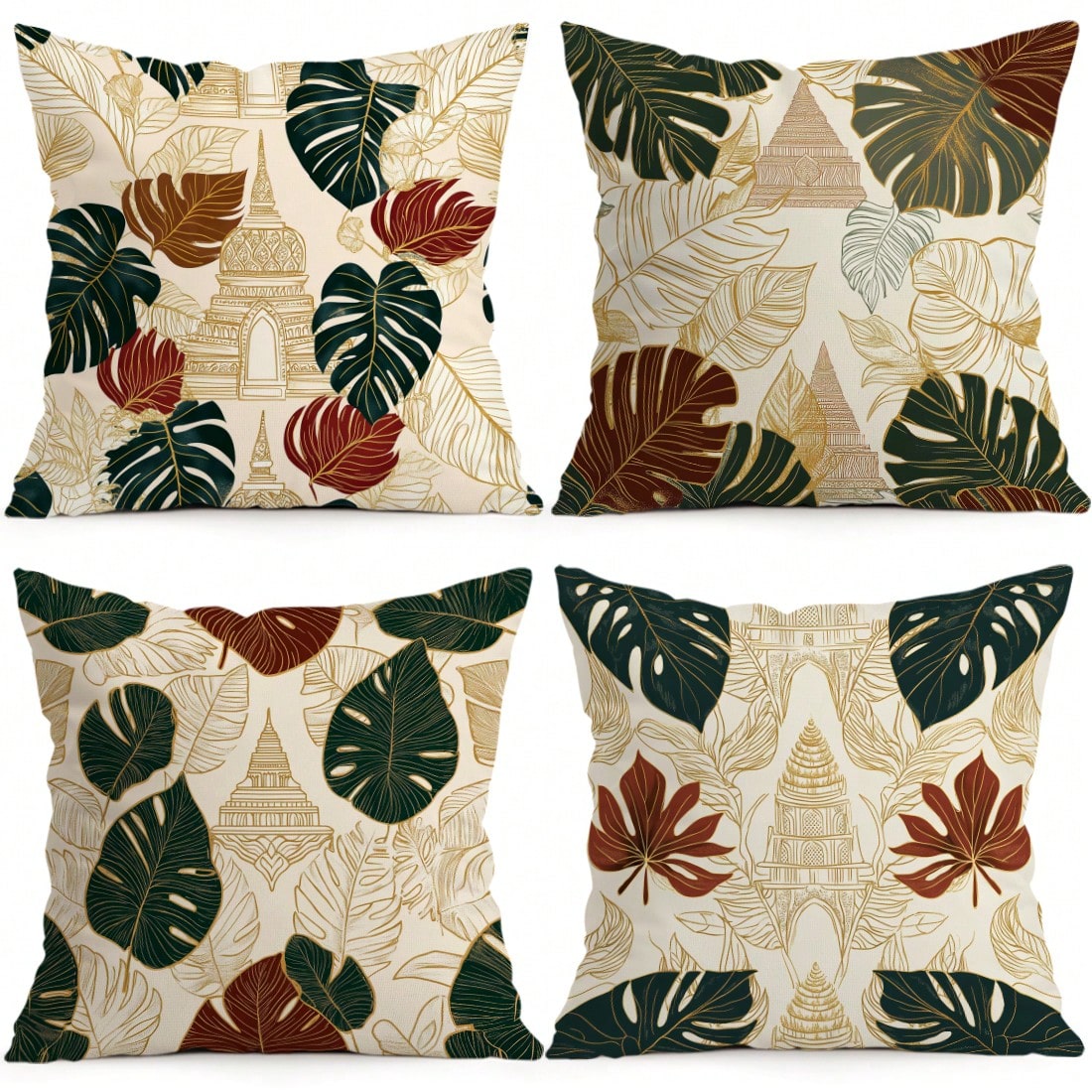 4pcs Monstera Leaf And Architectural Pattern Pillow Covers, Single-Sided Printed Pillow Covers, Suitable For Living Room, Bedroom, Home Decor, All Season Pillow Covers