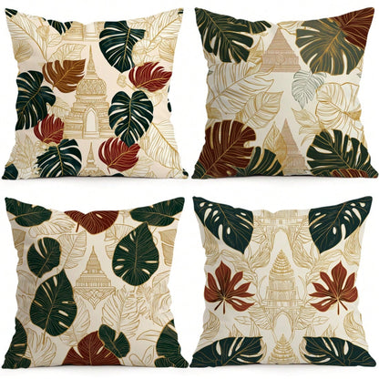 4pcs Monstera Leaf And Architectural Pattern Pillow Covers, Single-Sided Printed Pillow Covers, Suitable For Living Room, Bedroom, Home Decor, All Season Pillow Covers