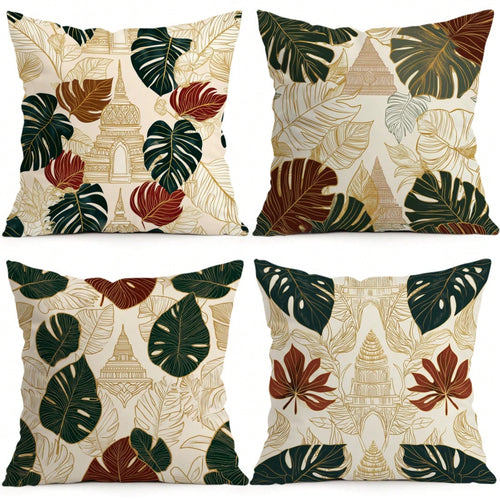 4pcs Monstera Leaf And Architectural Pattern Pillow Covers, Single-Sided Printed Pillow Covers, Suitable For Living Room, Bedroom, Home Decor, All Season Pillow Covers