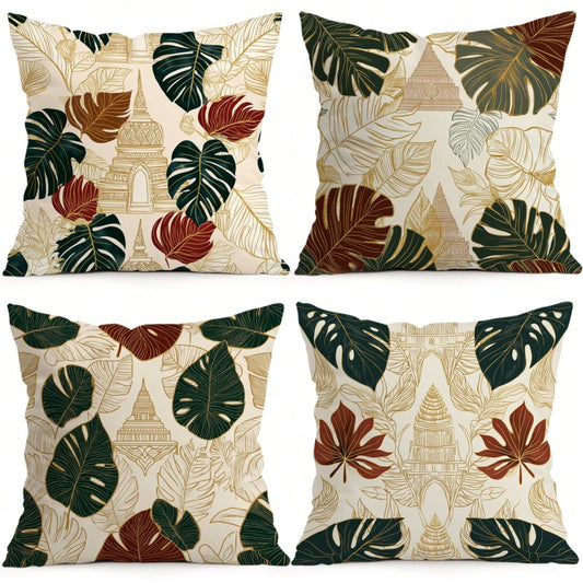4pcs Monstera Leaf And Architectural Pattern Pillow Covers, Single-Sided Printed Pillow Covers, Suitable For Living Room, Bedroom, Home Decor, All Season Pillow Covers