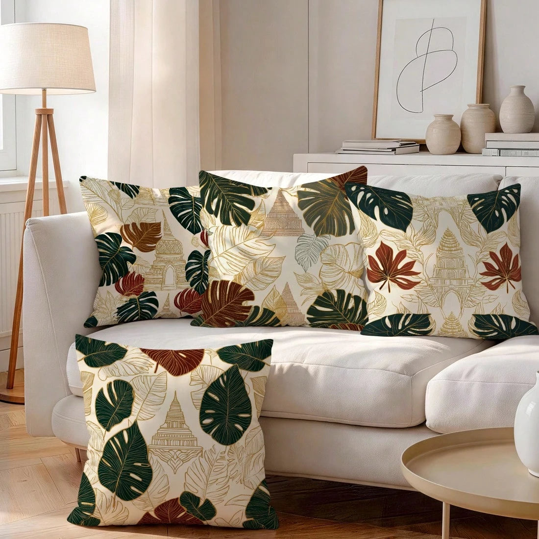 4pcs Monstera Leaf And Architectural Pattern Pillow Covers, Single-Sided Printed Pillow Covers, Suitable For Living Room, Bedroom, Home Decor, All Season Pillow Covers