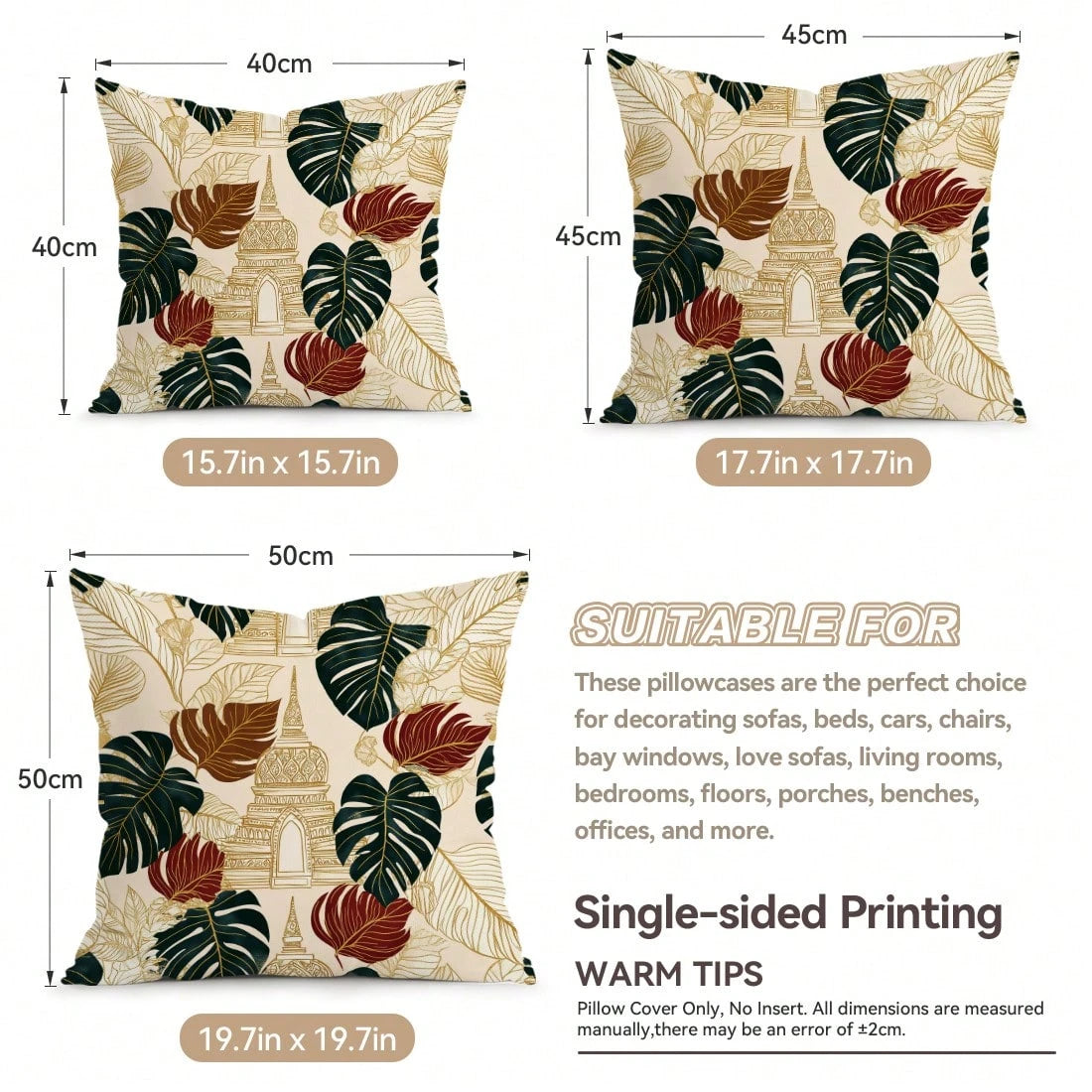 4pcs Monstera Leaf And Architectural Pattern Pillow Covers, Single-Sided Printed Pillow Covers, Suitable For Living Room, Bedroom, Home Decor, All Season Pillow Covers