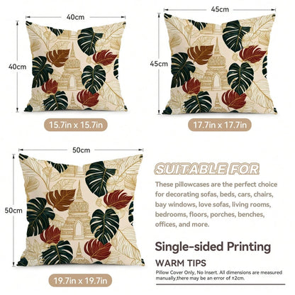 4pcs Monstera Leaf And Architectural Pattern Pillow Covers, Single-Sided Printed Pillow Covers, Suitable For Living Room, Bedroom, Home Decor, All Season Pillow Covers