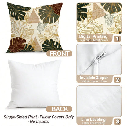 4pcs Monstera Leaf And Architectural Pattern Pillow Covers, Single-Sided Printed Pillow Covers, Suitable For Living Room, Bedroom, Home Decor, All Season Pillow Covers