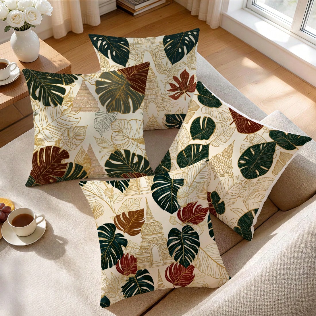 4pcs Monstera Leaf And Architectural Pattern Pillow Covers, Single-Sided Printed Pillow Covers, Suitable For Living Room, Bedroom, Home Decor, All Season Pillow Covers