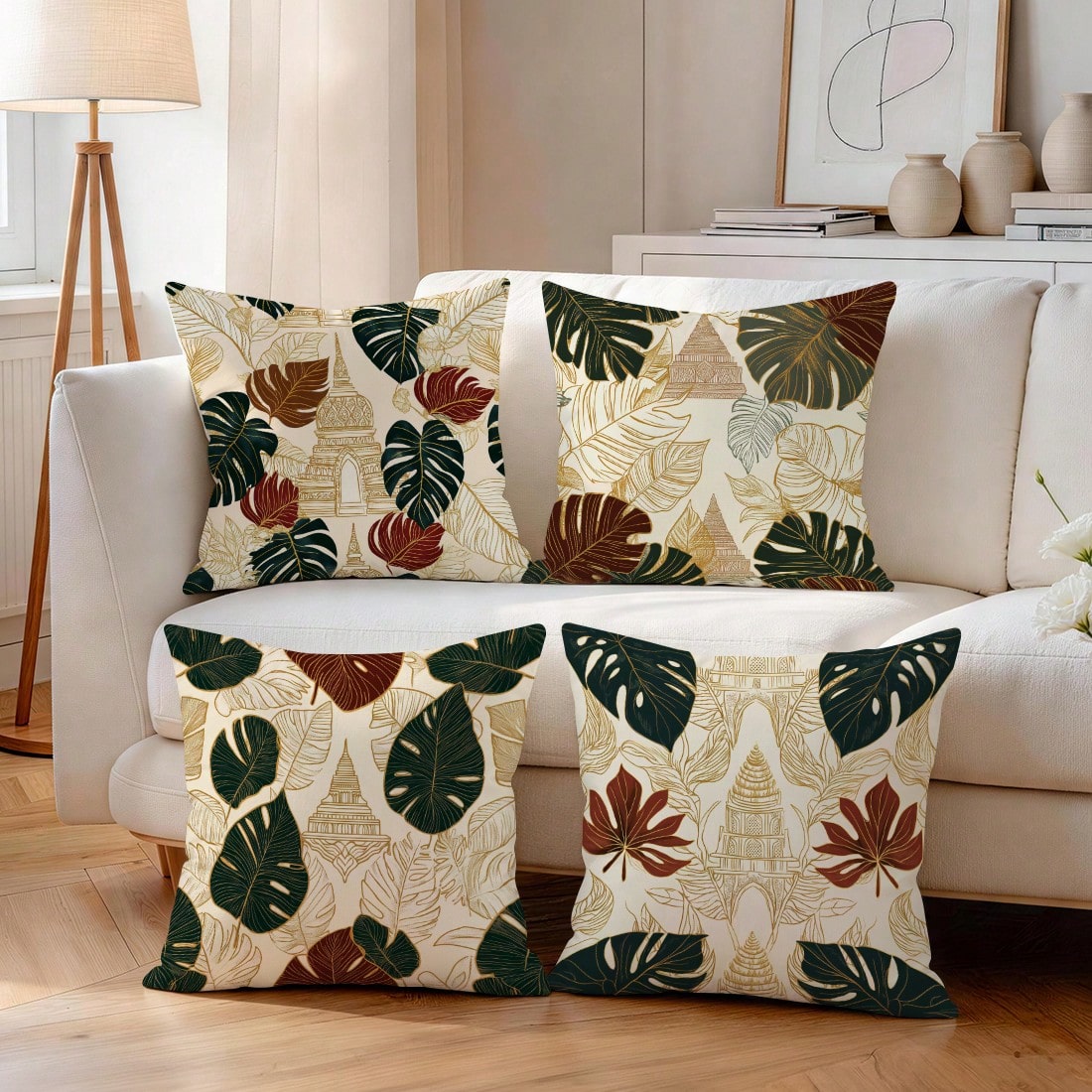 4pcs Monstera Leaf And Architectural Pattern Pillow Covers, Single-Sided Printed Pillow Covers, Suitable For Living Room, Bedroom, Home Decor, All Season Pillow Covers