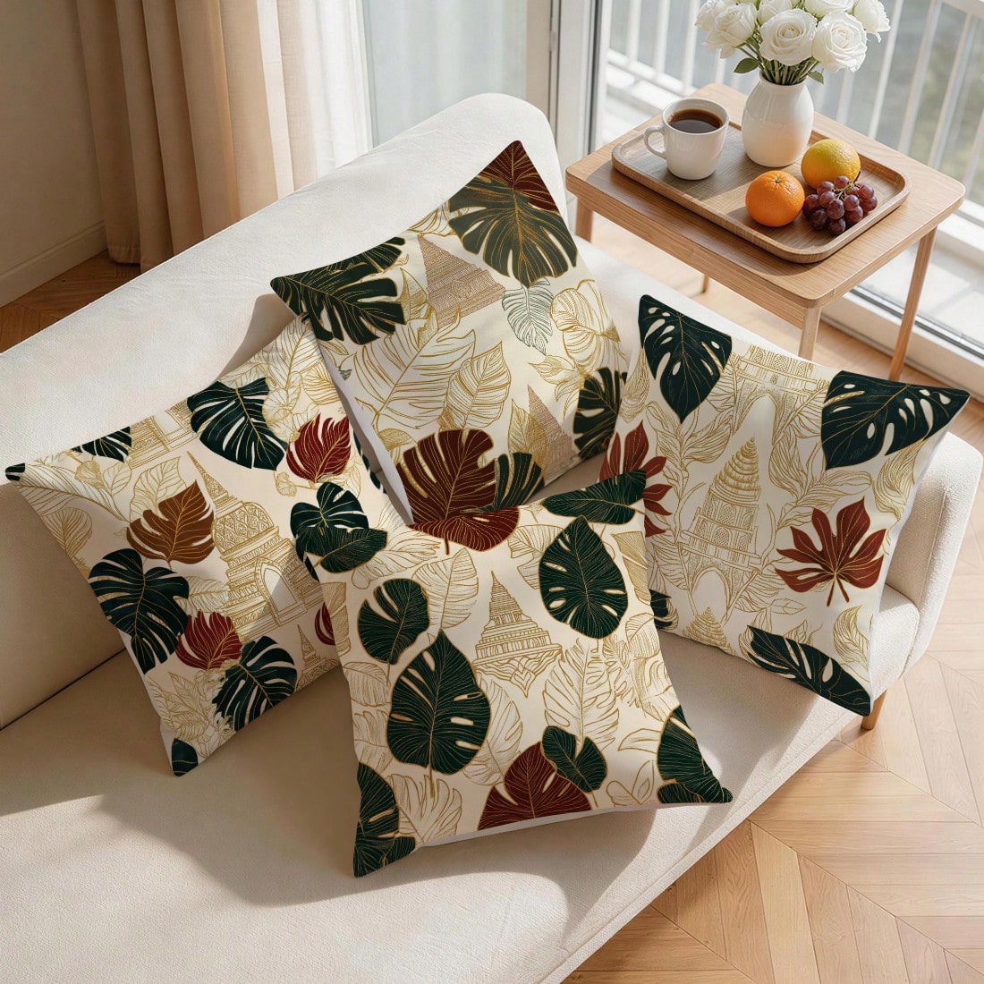 4pcs Monstera Leaf And Architectural Pattern Pillow Covers, Single-Sided Printed Pillow Covers, Suitable For Living Room, Bedroom, Home Decor, All Season Pillow Covers