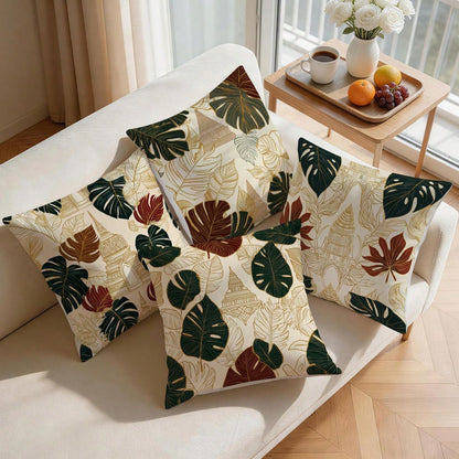 4pcs Monstera Leaf And Architectural Pattern Pillow Covers, Single-Sided Printed Pillow Covers, Suitable For Living Room, Bedroom, Home Decor, All Season Pillow Covers