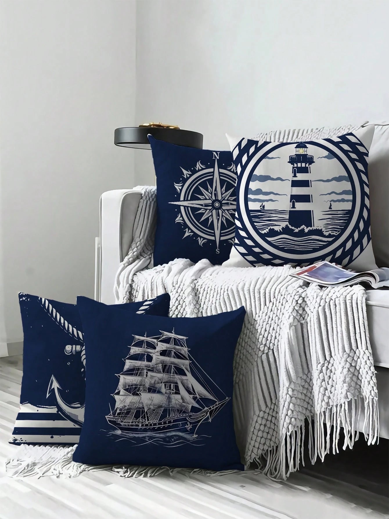 4pcs Nautical Style Plush Pillow Covers, Made Of Polyester