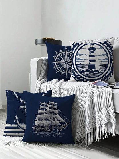4pcs Nautical Style Plush Pillow Covers, Made Of Polyester
