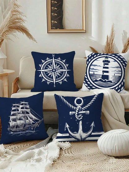 4pcs Nautical Style Plush Pillow Covers, Made Of Polyester