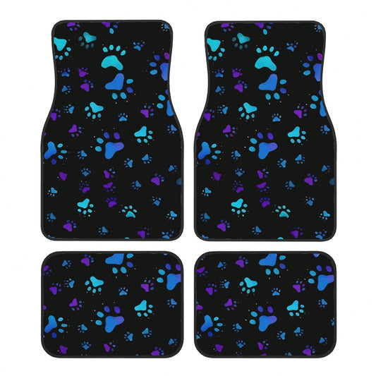 4pcs Neon Glow-In-The-Dark Paw Print Car Floor Mats- Heavy-Duty All-Weather Protection, Anti-Slip & Stain-Resistant Fit For Cars, Trucks, SUVs- Easy Clean Pet-Friendly Floor Liners With Glowing/Pur