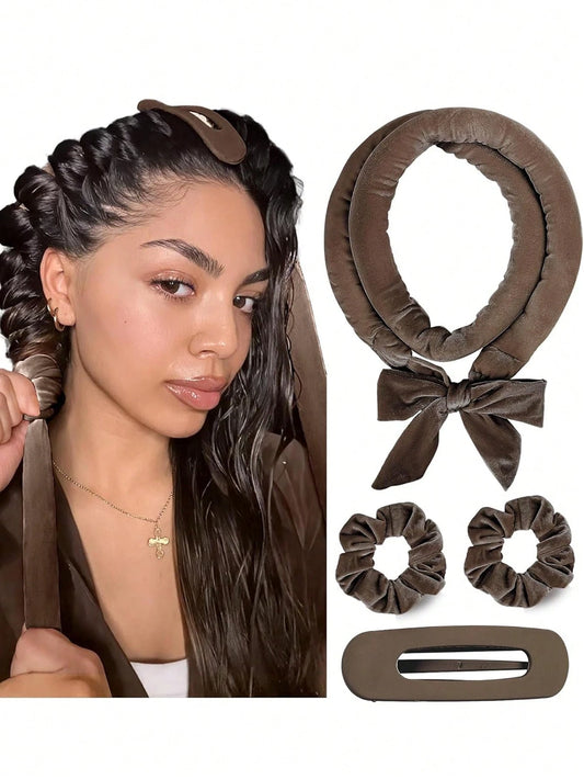 4pcs No-Heat Hair Curlers, Can Be Worn To Sleep Without Heating, Super Soft Ribbon Wrapped For Long Hair, Includes Hair Ties And Clips, Suitable For All Hair Types, Can Be Used Overnight.