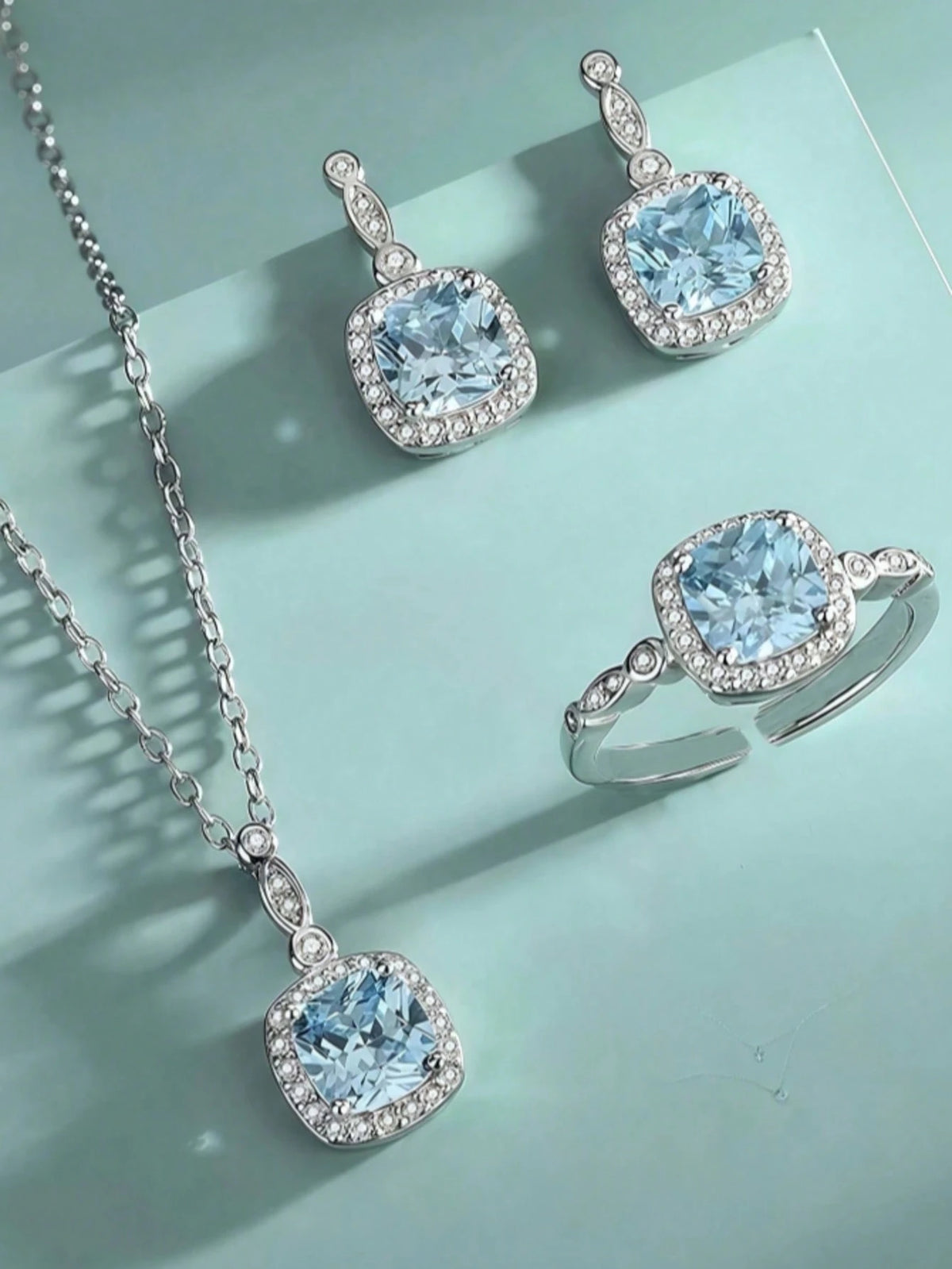 4pcs Ocean Heart-Shaped Blue Cube Jewelry Set- Necklace, Earrings, Ring, Perfect Gift For Girlfriend, Daily Wear Or Special Occasions,Classy,Festival