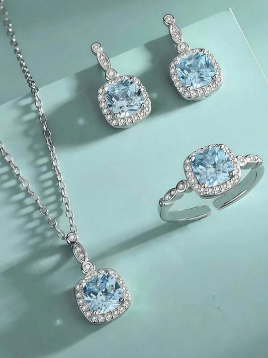 4pcs Ocean Heart-Shaped Blue Cube Jewelry Set- Necklace, Earrings, Ring, Perfect Gift For Girlfriend, Daily Wear Or Special Occasions,Classy,Festival